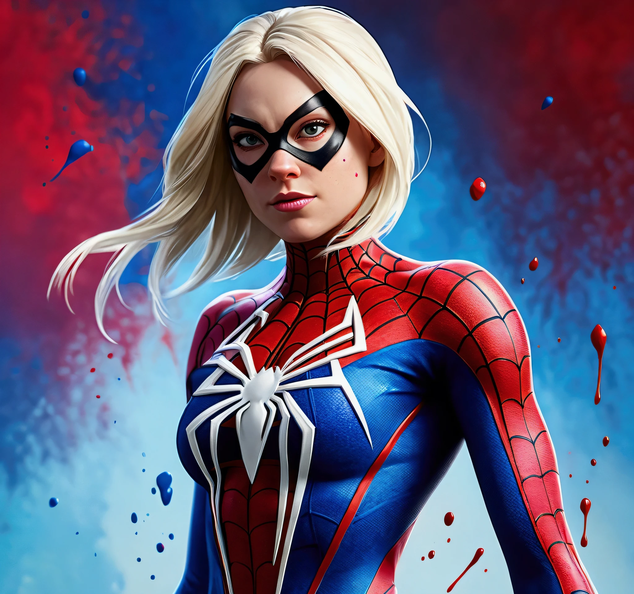 A realistic, hyperrealistic Spidergwen with athletic muscle, textured saturated red and blue trage, in the style of watercolor paint splats, (best quality,4k,8k,highres,masterpiece:1.2),ultra-detailed,(realistic,photorealistic,photo-realistic:1.37),professional,vivid colors,bokeh