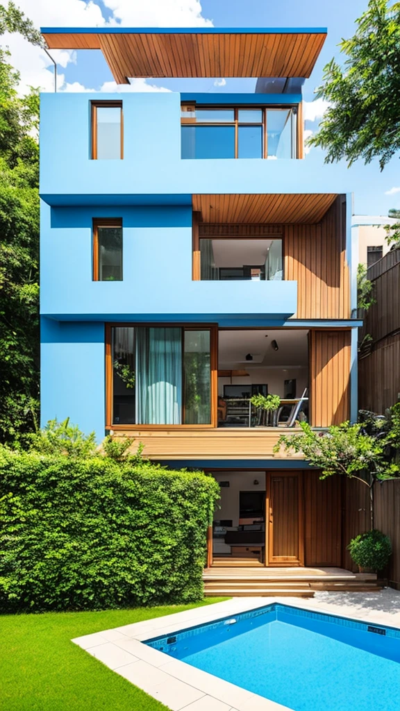 Blue house with a balcony and garage below, a swimming pool and a garden, with a dog and children playing