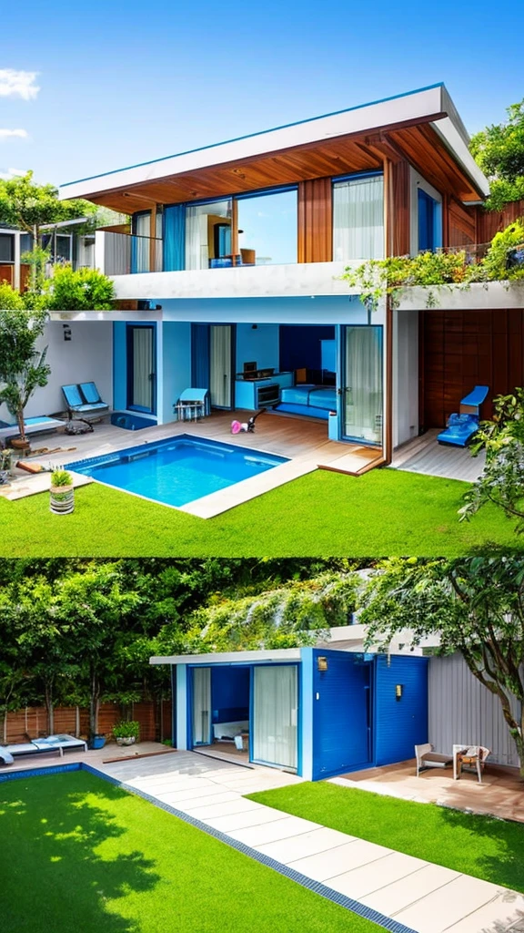 Blue house with a balcony and garage below, a swimming pool and a garden, with a dog and children playing