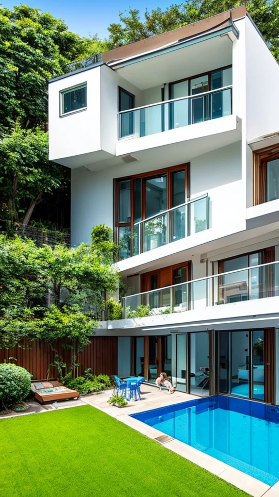Blue house with a balcony and garage below, a swimming pool and a garden, with a dog and children playing