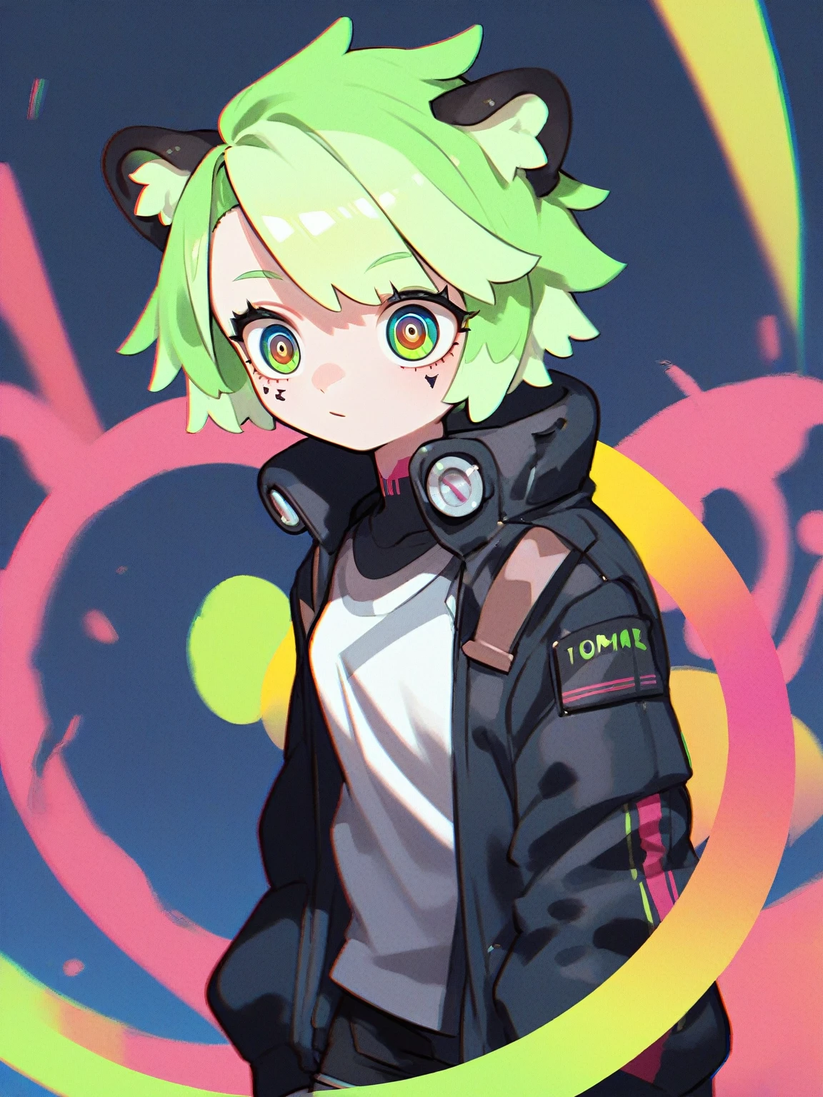 cute human girl with otter ears, fluffy hair, tomboy vibe, colorful lime green hair, slight cyberpunk vibe