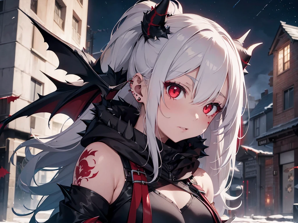 1girl, spiky messy white long hair, red eyes, ear piercings, blood, tattoos, wearing black punk full bodysuit, wearing black fur cloak, bat wings, long horns, graveyard, night, high res, ultrasharp, 8k, masterpiece, looking at viewer