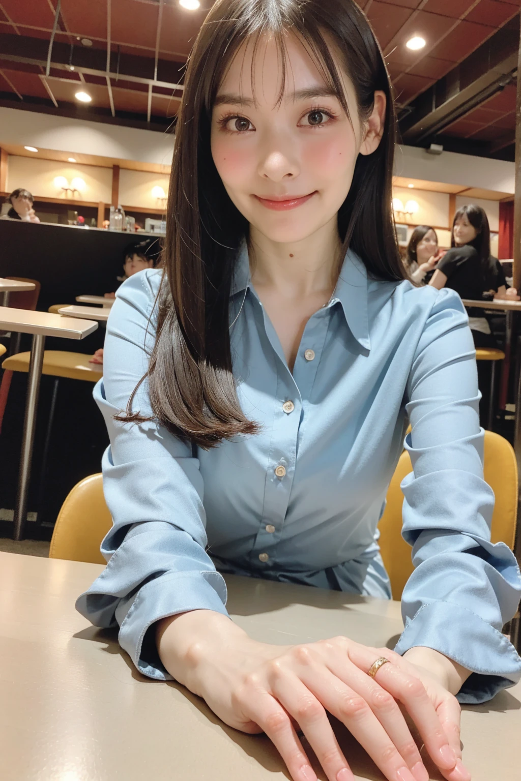 mature women, uesaka sumire, brown long hair, dark brown eyes, blunt bangs, medium , full body portrait, 8K quality, live action, realistic human emotions, realistic skin texture, natural skin,, 窓の結dew, toned body, toned stomach, high definition face, very shiny skin, sweaty, dew, cinematic lighting, (warm lighting), shallow depth of field, long sleeves collared button shirt, blushing, closed mouth, smile, 1girl, solo, upper body shot, front view, looking at viewer, body facing viewer, pov shot, slighty from above, sitting on chair, straight posture, across table, restaurant