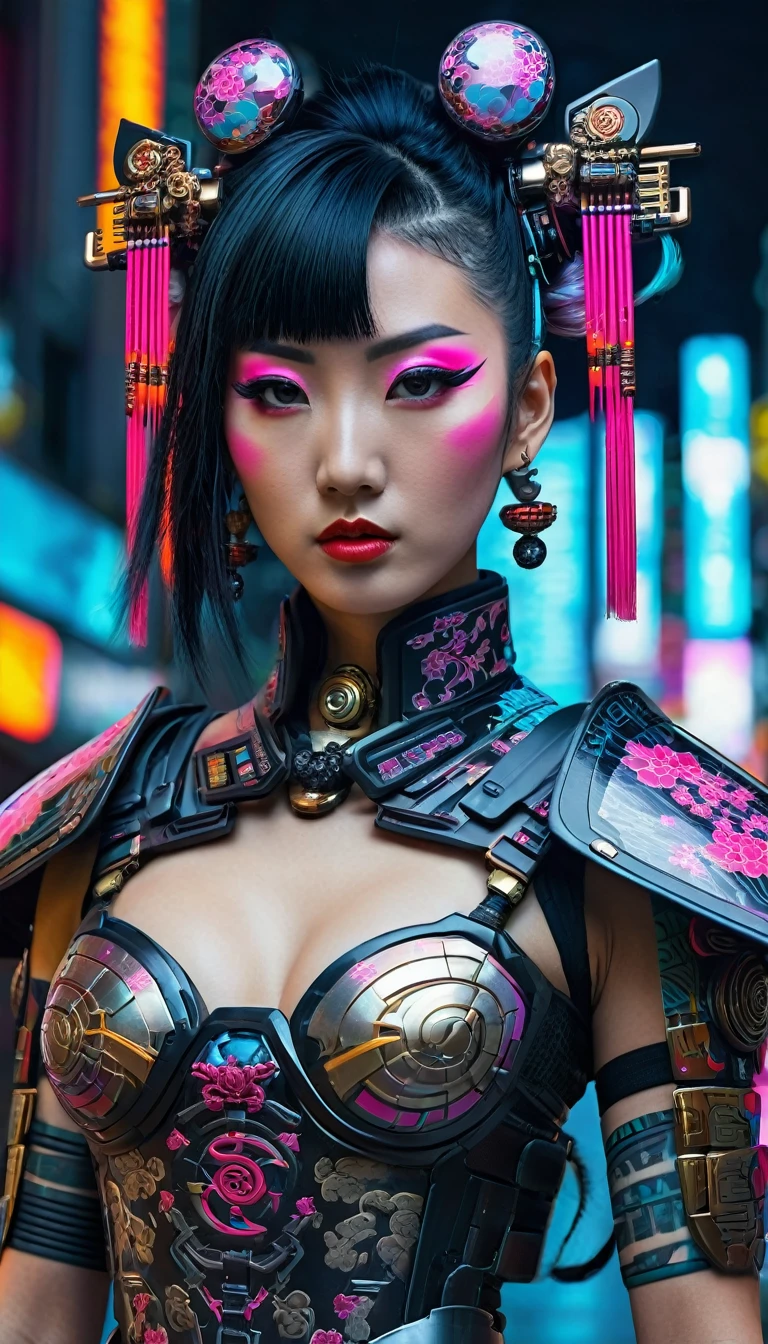Create a futuristic cyberpunk geisha warrior, blending traditional Japanese aesthetics with high-tech cybernetic enhancements. Incorporate elaborate tattoos, ornate hair accessories, and a mix of traditional fabrics with modern, sleek materials. Include a weapon that fuses ancient and futuristic design elements. Set the character against a vibrant, glitchy background that suggests a neon-lit urban environment.