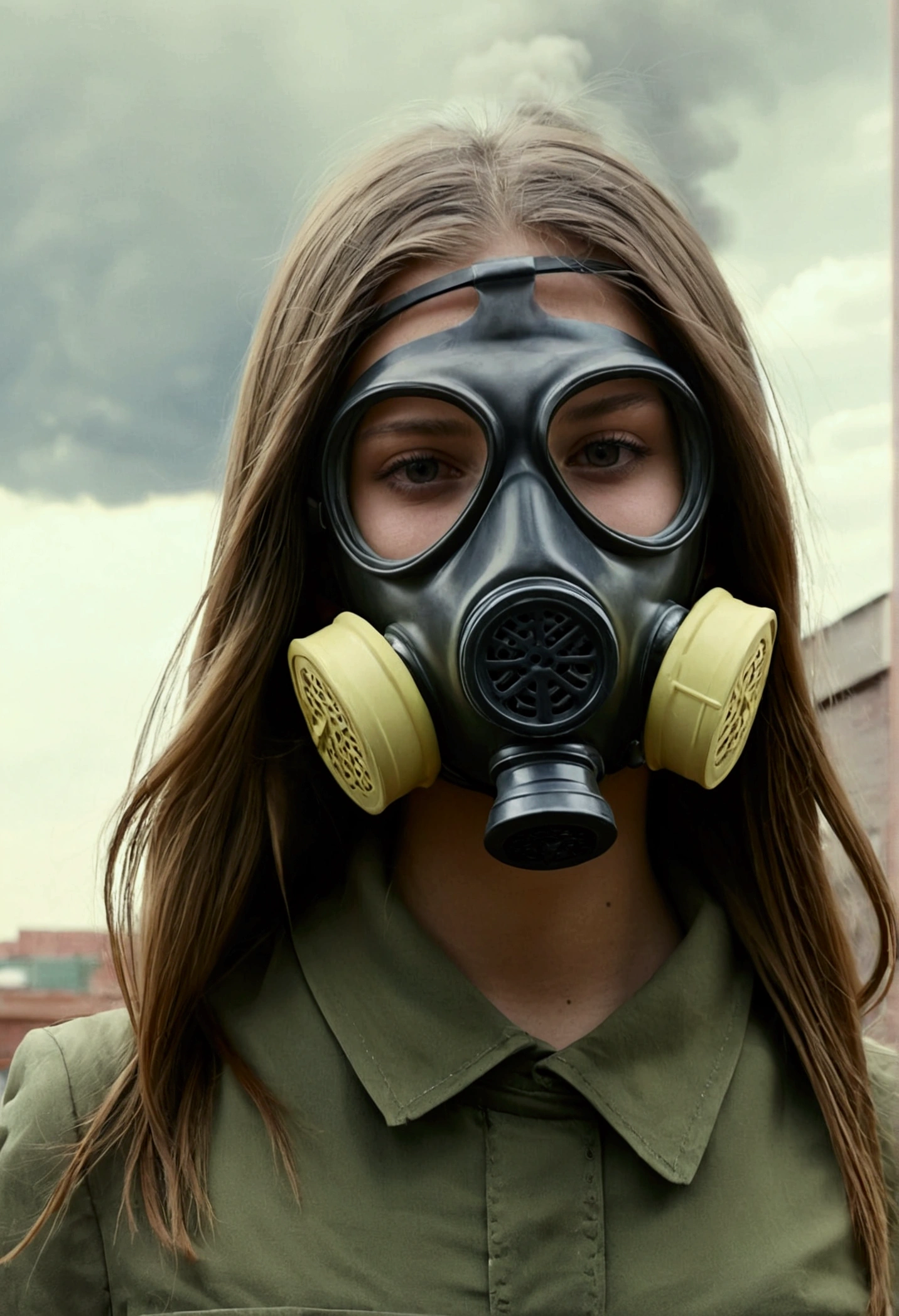 a photo of a 10 YEAR OLD, post-apocalyptic GIRL with a gas mask on her face, portrait photo, futuristic outfits