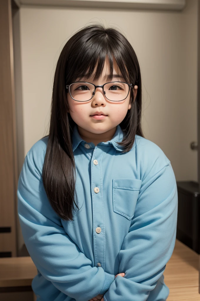 cute Asian girl, glasses, slim figure, cute school girl uniform with skirt, photo taken from above, detailed face, beautiful eyes, long eyelashes, cute expression, cozy bedroom, photorealistic, 4k, high quality