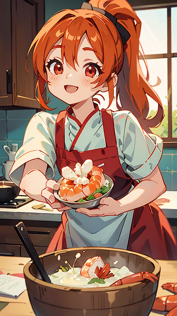 1 girl、anime painting、Cute shrimp woman cooking delicious food in the kitchen、Orange Hair、ponytail、Beautiful red eyes、smile、fun、Sharp contours、Background blur、Written boundary depth
