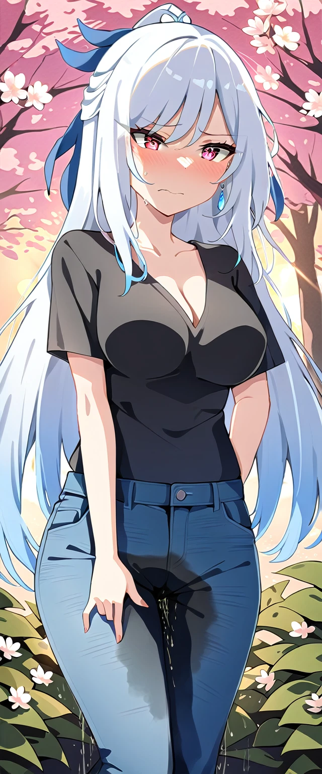 (masterpiece:1.37), best quality, (extremely detailed:1.37), (1girl:1.5), woman, (mature:1.5), (adult:1.5), jingliu, white hair, long hair, ponytail, hair ribbon, red eyes, earrings, jewelry, jeans, (extremely detailed eyes:1.37), (wetting self:1.25), desperation, embarrassed, humiliation, blushing, angry, cherry blossoms, garden, (golden hour:1.5)