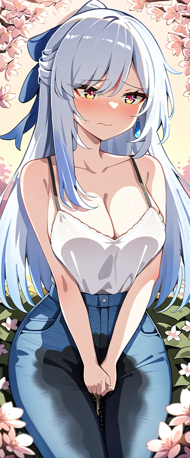 (masterpiece:1.37), best quality, (extremely detailed:1.37), (1girl:1.5), woman, (mature:1.5), (adult:1.5), jingliu, white hair, long hair, ponytail, hair ribbon, red eyes, earrings, jewelry, jeans, (extremely detailed eyes:1.37), (wetting self:1.25), desperation, embarrassed, humiliation, blushing, angry, cherry blossoms, garden, (golden hour:1.5)