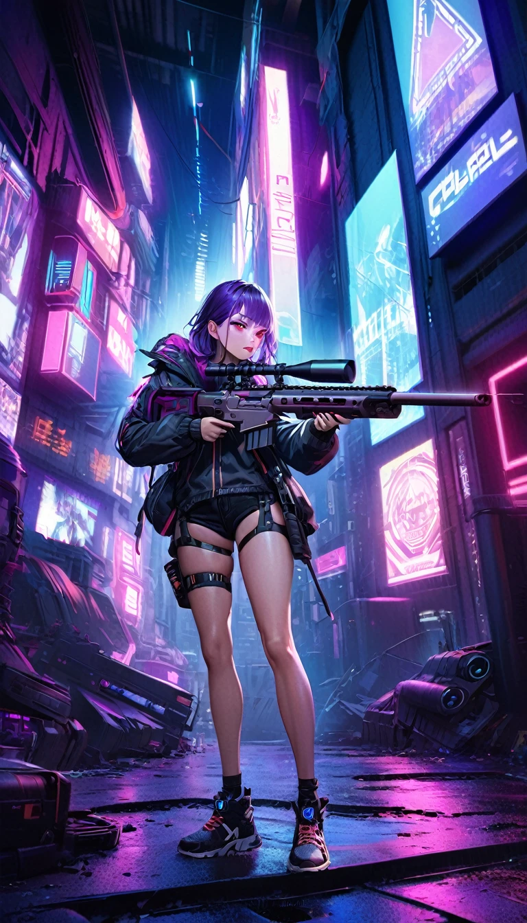 (ohwx woman), full body shot, cyberpunk woman sniper, cyberbody, cablelink connected to sniper rifle, dynamic shooting pose, aiming using sniper rifle, realistic full body shot, dynamic, extremely detailed eyes and face, beautiful detailed lips, longeyelashes, intricate machinery, sleek futuristic design, neon lights, moody lighting, cinematic composition, dramatic camera angle, immersive background of cyberpunk wastelands, vivid colors, photorealistic, 8k, best quality