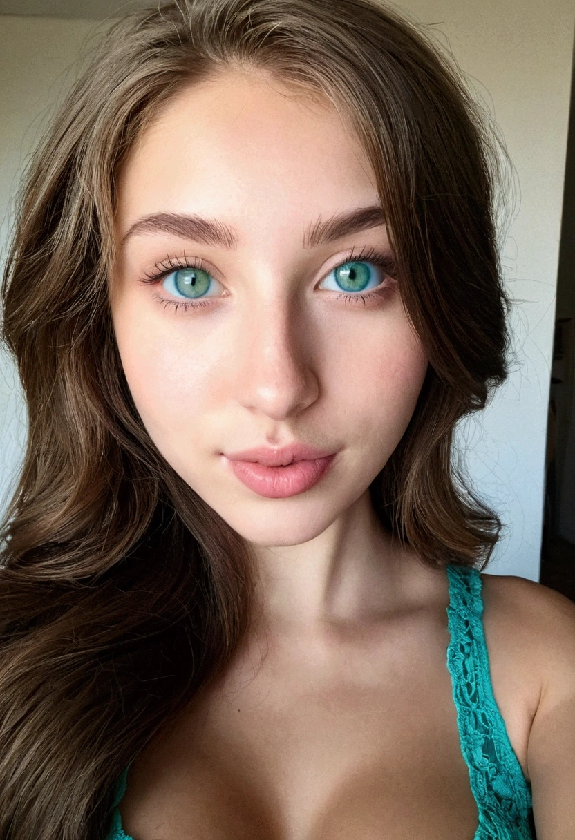 please create for me a selfie of a young woman where we see her bust called Leyla she is 20 years old she has blue green eyes with big breasts and a luscious mouth