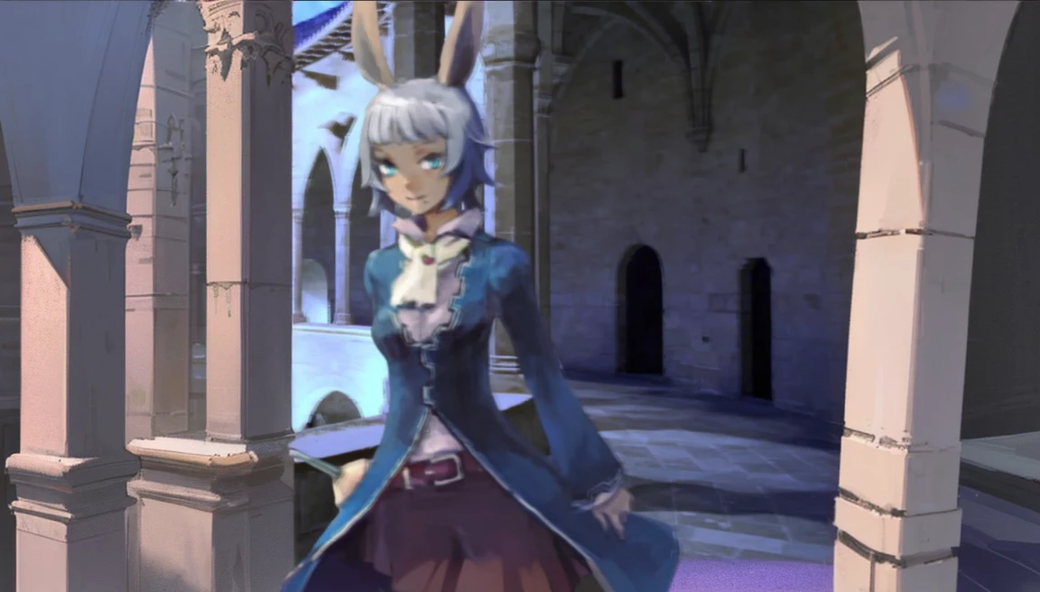 anime character in a blue coat and purple skirt standing in a courtyard, jrpg character, stylized anime, rabbt_character, neferpitou, final fantasy 14 style, alter, anime stylized, beatrice blue, (((viera final fantasy))), colleseum, castle, dusk time, gloominess, vhs effect