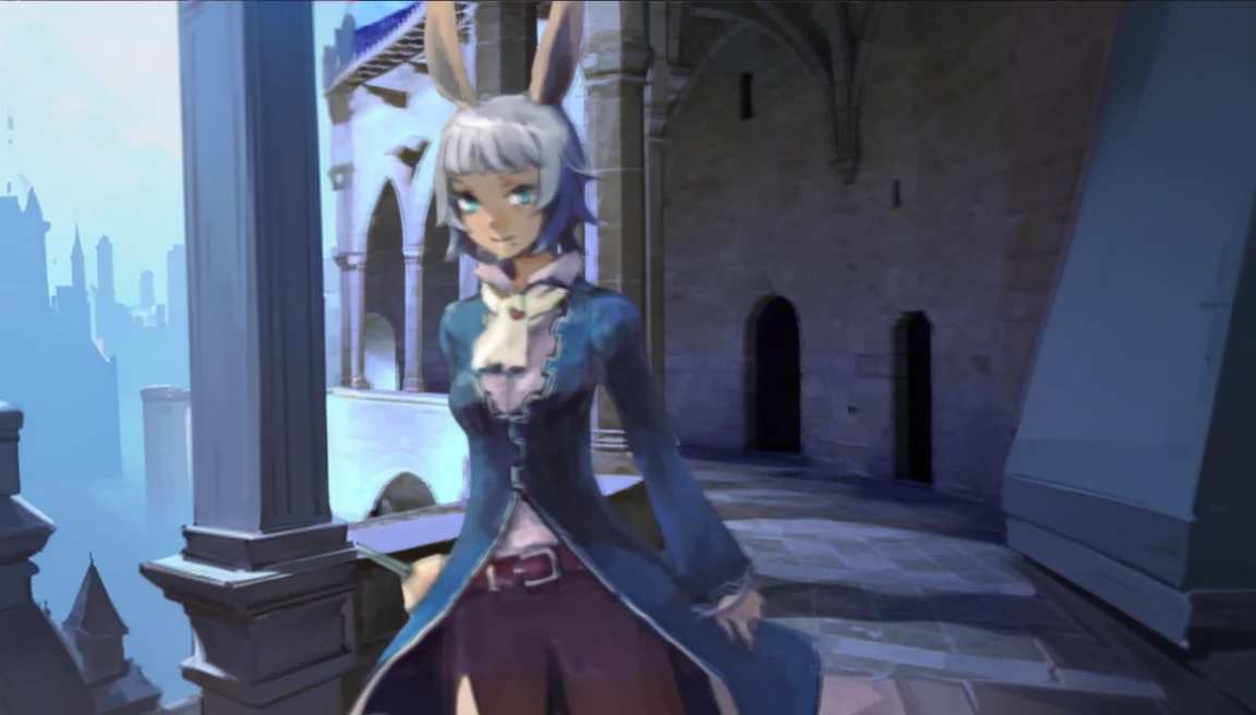 anime character in a blue coat and purple skirt standing in a courtyard, jrpg character, stylized anime, rabbt_character, neferpitou, final fantasy 14 style, alter, anime stylized, beatrice blue, (((viera final fantasy))), colleseum, castle, dusk time, gloominess, vhs effect