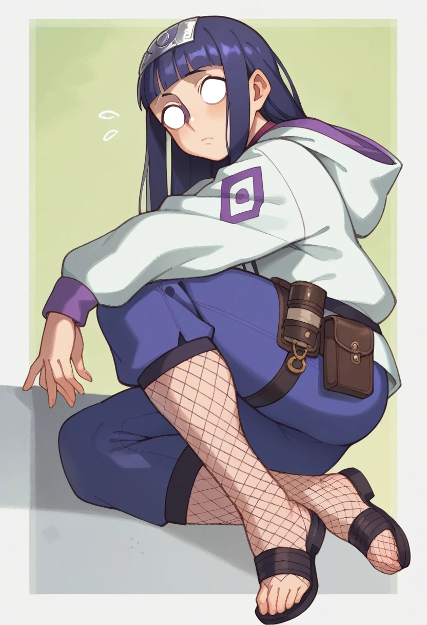 1girl, Hinata Hyuga, long hair, blunt bangs, dark blue hair, white eyes, no pupils, forehead protector, konohagakure symbol, purple and white hooded jacket, fishnets, blue pants, holster, bandage on thigh, open sandals , looking at viewer, (masterpiece, best quality, Professional, perfect composition, very aesthetic, absurdres, ultra-detailed, intricate details:1.3), wide ass, from behind