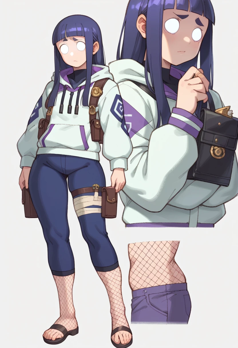 1girl, Hinata Hyuga, long hair, blunt bangs, dark blue hair, white eyes, no pupils, forehead protector, konohagakure symbol, purple and white hooded jacket, fishnets, blue pants, holster, bandage on thigh, open sandals , looking at viewer, (masterpiece, best quality, Professional, perfect composition, very aesthetic, absurdres, ultra-detailed, intricate details:1.3), wide ass, from behind