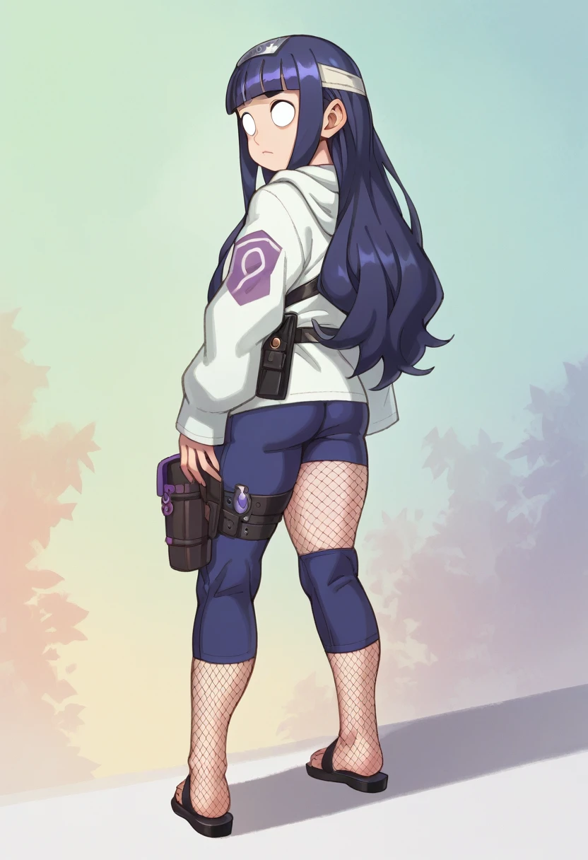 1girl, Hinata Hyuga, long hair, blunt bangs, dark blue hair, white eyes, no pupils, forehead protector, konohagakure symbol, purple and white hooded jacket, fishnets, blue pants, holster, bandage on thigh, open sandals , looking at viewer, (masterpiece, best quality, Professional, perfect composition, very aesthetic, absurdres, ultra-detailed, intricate details:1.3), wide ass, from behind