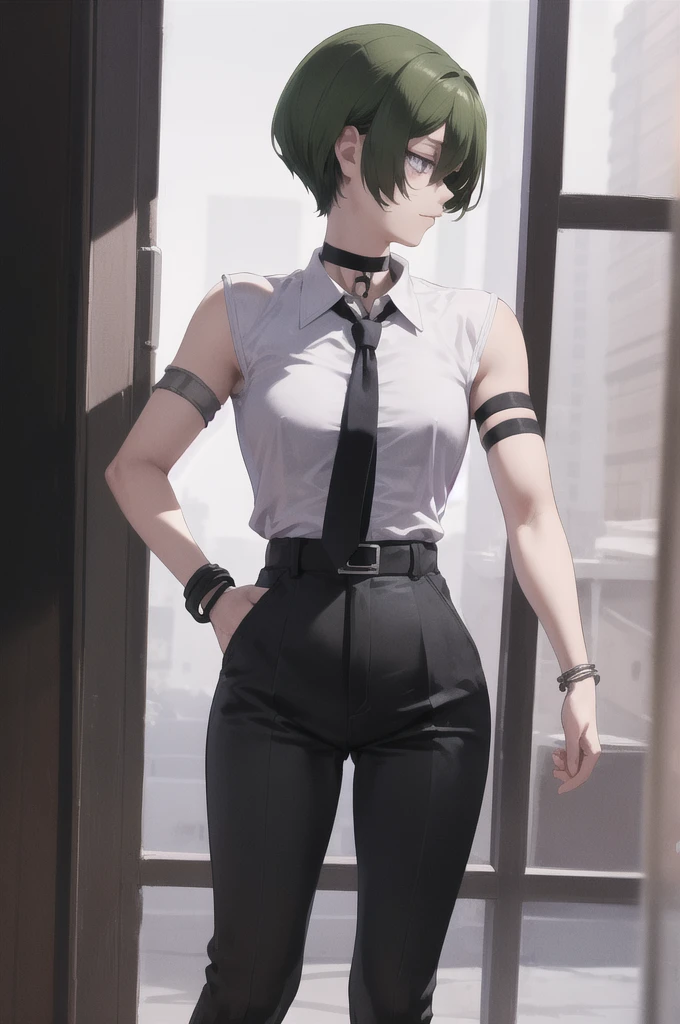 masterpiece, best quality, absurdities, 1man alone, UbelFrieren, purple eyes, short loose hair, black choker, arm strap, bracelet, dress shirt and pants, tie, masculine, no beard, attractive, sexy
