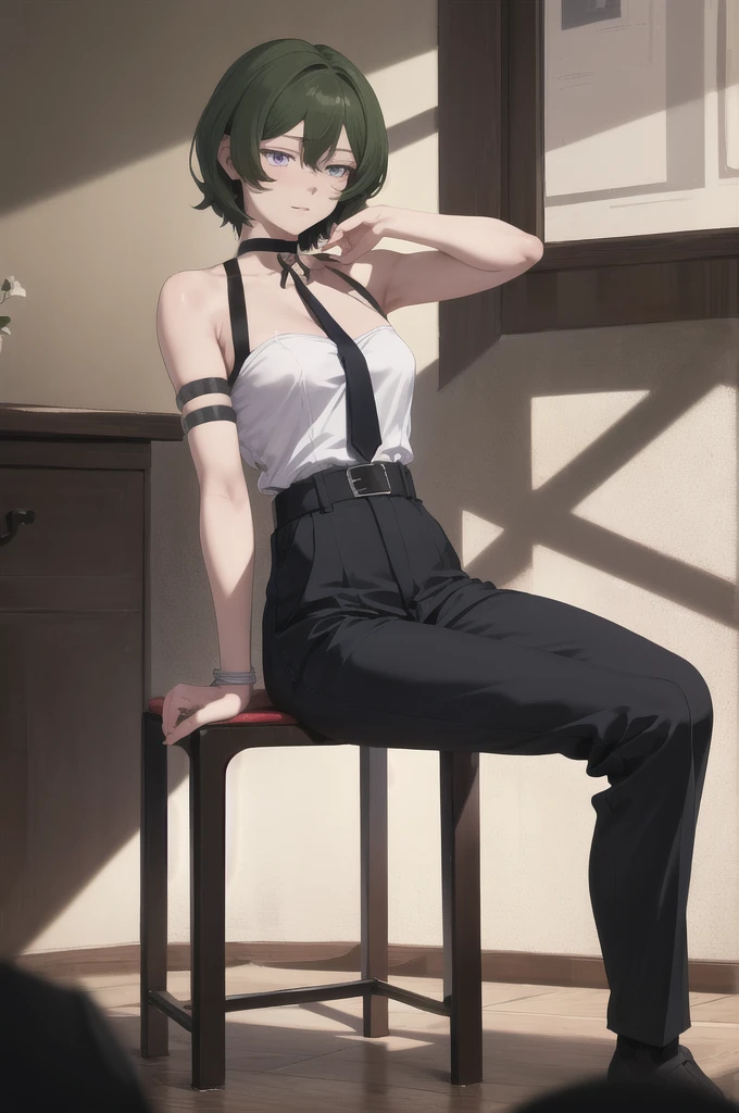 masterpiece, best quality, absurdities, 1man alone, UbelFrieren, purple eyes, short loose hair, black choker, arm strap, bracelet, dress shirt and pants, tie, masculine, no beard, attractive, sexy