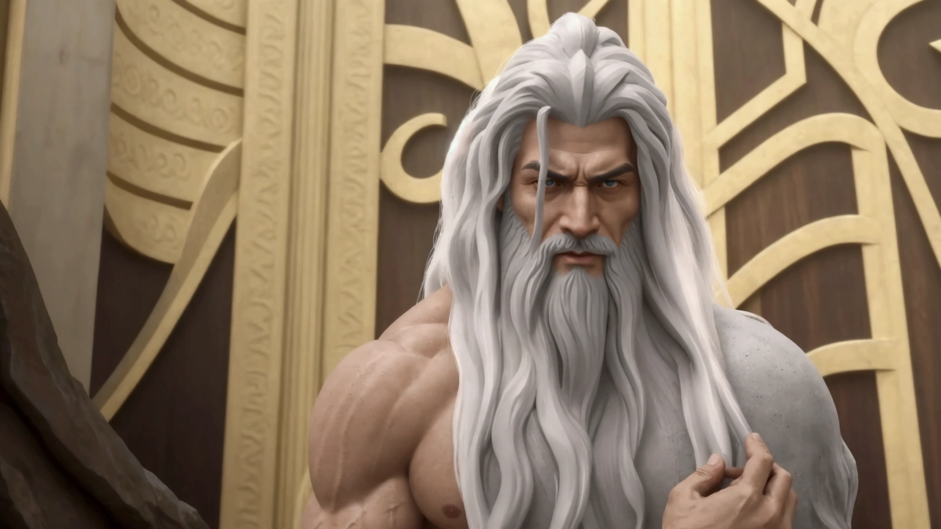 a close up of a statue of a man with a long beard, furious god zeus, dwayne johnson as god of war, epic scene of zeus, the god zeus, unreal engine render saint seiya, as a character in tekken, henry cavill as a greek god, elon musk as a greek god, greybeard, father time, anime cgi, ancient blacksmith god