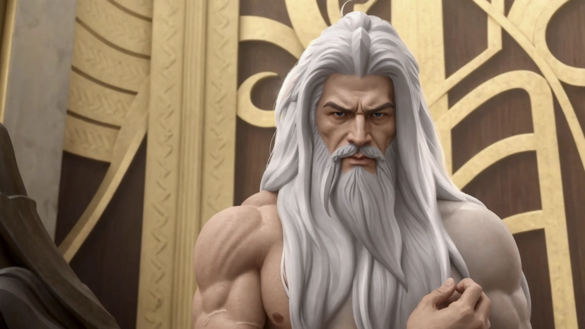 a close up of a statue of a man with a long beard, furious god zeus, dwayne johnson as god of war, epic scene of zeus, the god zeus, unreal engine render saint seiya, as a character in tekken, henry cavill as a greek god, elon musk as a greek god, greybeard, father time, anime cgi, ancient blacksmith god