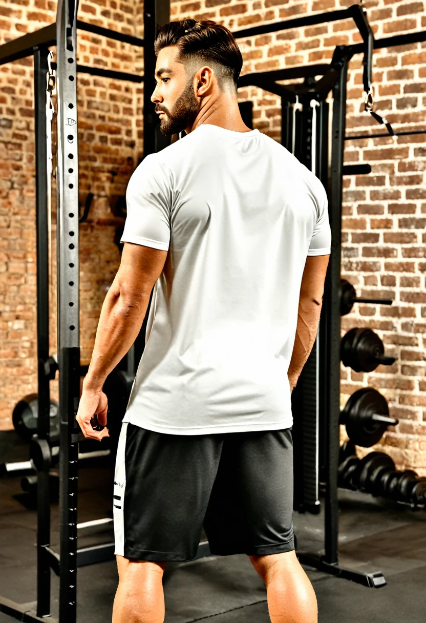 generate an image of loose t-shirt oversized model to post on Instagram and create an advertisement for oversized white gym t-shirts. The image should feature the t-shirts from the back, with people modeling them from the front and back. The focus should be primarily on the back, highlighting the back area for easy editing to add prints on the t-shirts. The environment should be a rustic, slightly dark gym setting to give an authentic workout atmosphere. The images should appeal to stylish individuals who go to the gym and consume gym-related clothing and products. The images should be well-defined and in high resolution. The primary focus should be on the back of the t-shirts, plain shirt