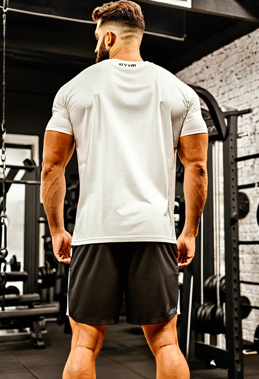 generate an image of loose t-shirt oversized model to post on Instagram and create an advertisement for oversized white gym t-shirts. The image should feature the t-shirts from the back, with people modeling them from the front and back. The focus should be primarily on the back, highlighting the back area for easy editing to add prints on the t-shirts. The environment should be a rustic, slightly dark gym setting to give an authentic workout atmosphere. The images should appeal to stylish individuals who go to the gym and consume gym-related clothing and products. The images should be well-defined and in high resolution. The primary focus should be on the back of the t-shirts, plain shirt