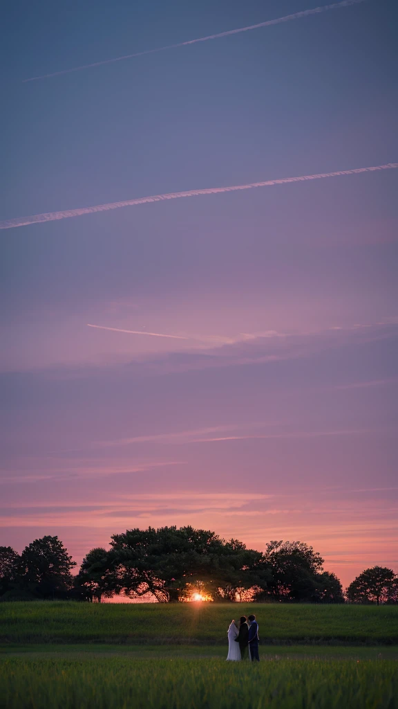 Create an image of a serene evening scene where two silhouetted figures are standing in a field. The sky is a gradient of colors from deep blue to purple and pink, indicating dusk. There's a crescent moon visible in the sky, and power lines are stretching into the distance. The figures appear contemplative as they gaze at the sky, capturing a moment of peacefulness amidst nature's beauty.