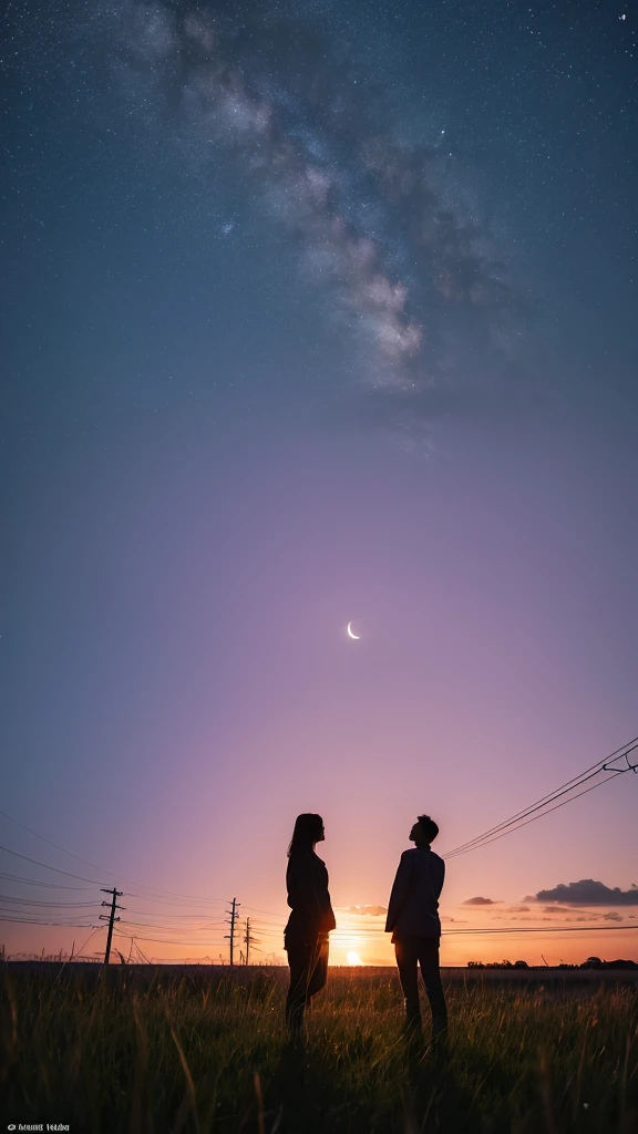 Create an image of a serene evening scene where two silhouetted figures are standing in a field. The sky is a gradient of colors from deep blue to purple and pink, indicating dusk. There's a crescent moon visible in the sky, and power lines are stretching into the distance. The figures appear contemplative as they gaze at the sky, capturing a moment of peacefulness amidst nature's beauty.
