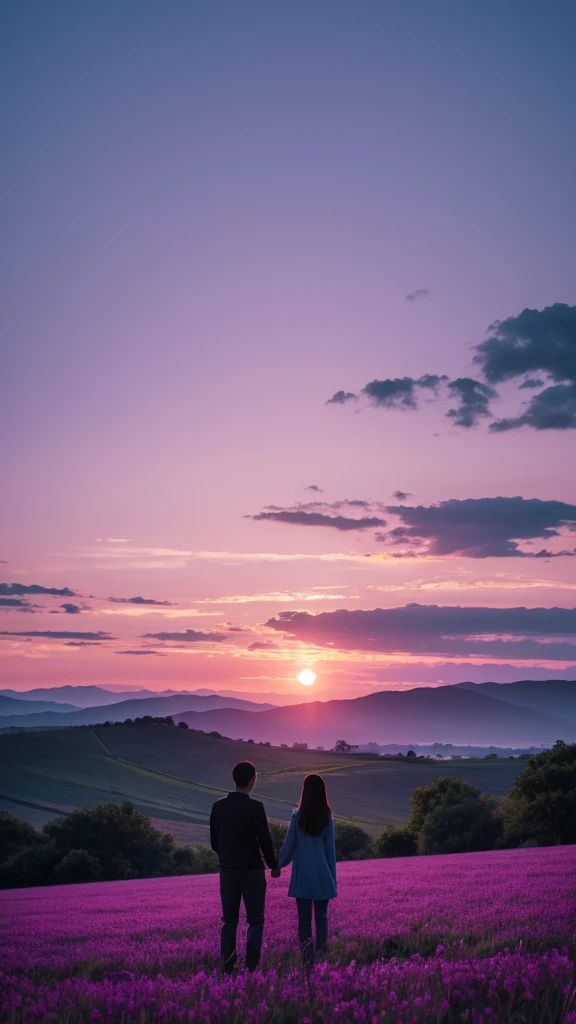 Create an image of a serene evening scene where two silhouetted figures are standing in a field. The sky is a gradient of colors from deep blue to purple and pink, indicating dusk. There's a crescent moon visible in the sky, and power lines are stretching into the distance. The figures appear contemplative as they gaze at the sky, capturing a moment of peacefulness amidst nature's beauty.
