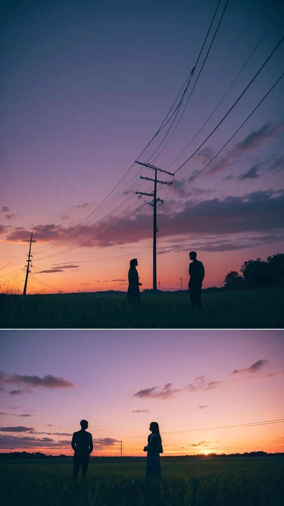 Create an image of a serene evening scene where two silhouetted figures are standing in a field. The sky is a gradient of colors from deep blue to purple and pink, indicating dusk. There's a crescent moon visible in the sky, and power lines are stretching into the distance. The figures appear contemplative as they gaze at the sky, capturing a moment of peacefulness amidst nature's beauty.