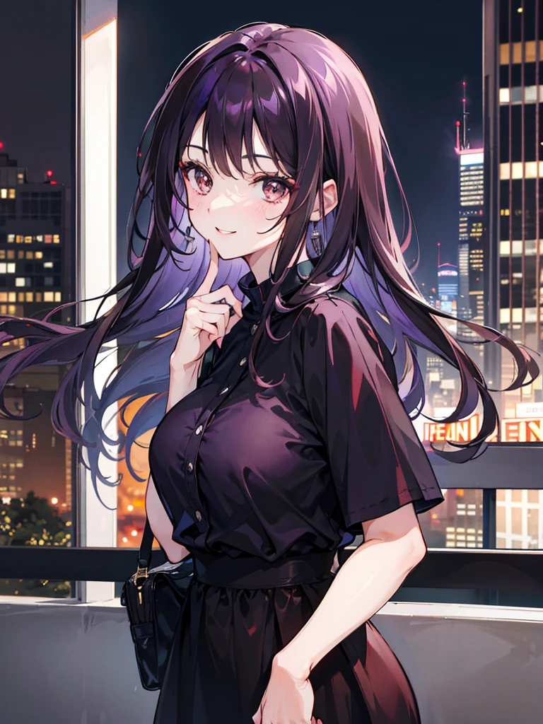 Woman, dark brown eyes, big city, , mid hair, 8k, adult face, dark purple hair, day, smiling, absurdres, highres, ultrasharp, 8k, masterpiece, looking at viewer, tall, mature