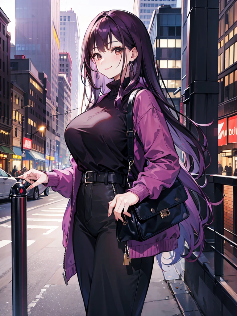 Woman, dark brown eyes, big city, , mid hair, 8k, adult face, dark purple hair, day, smiling, absurdres, highres, ultrasharp, 8k, masterpiece, looking at viewer, tall, mature