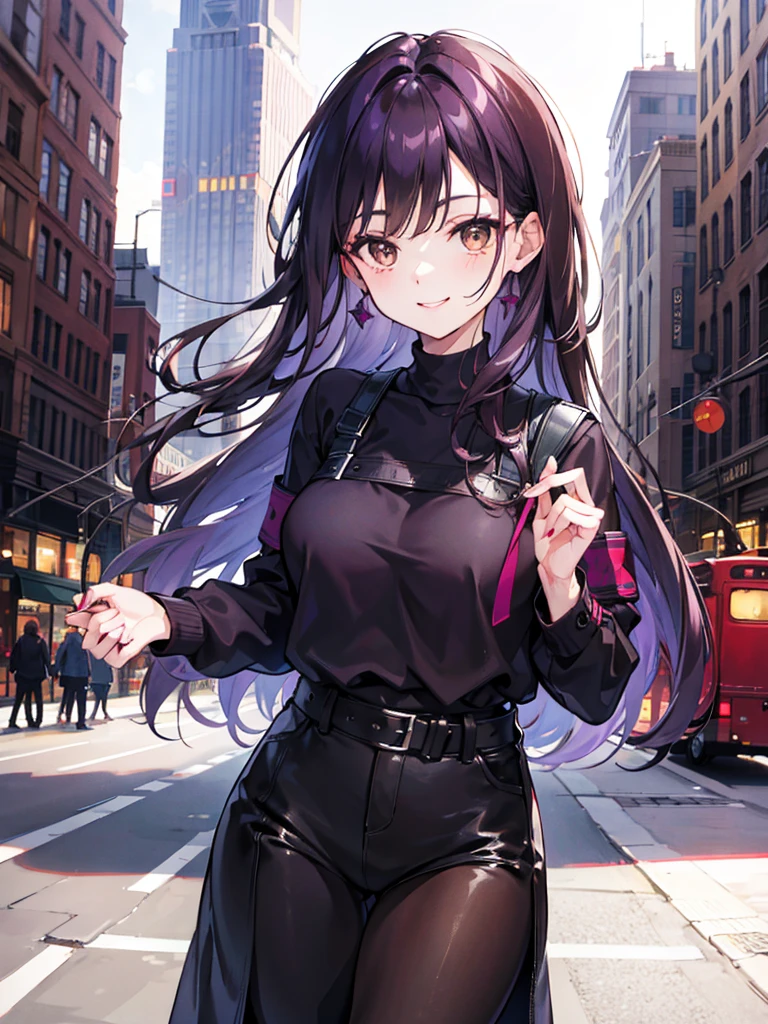 Woman, dark brown eyes, big city, , mid hair, 8k, adult face, dark purple hair, day, smiling, absurdres, highres, ultrasharp, 8k, masterpiece, looking at viewer, tall, mature