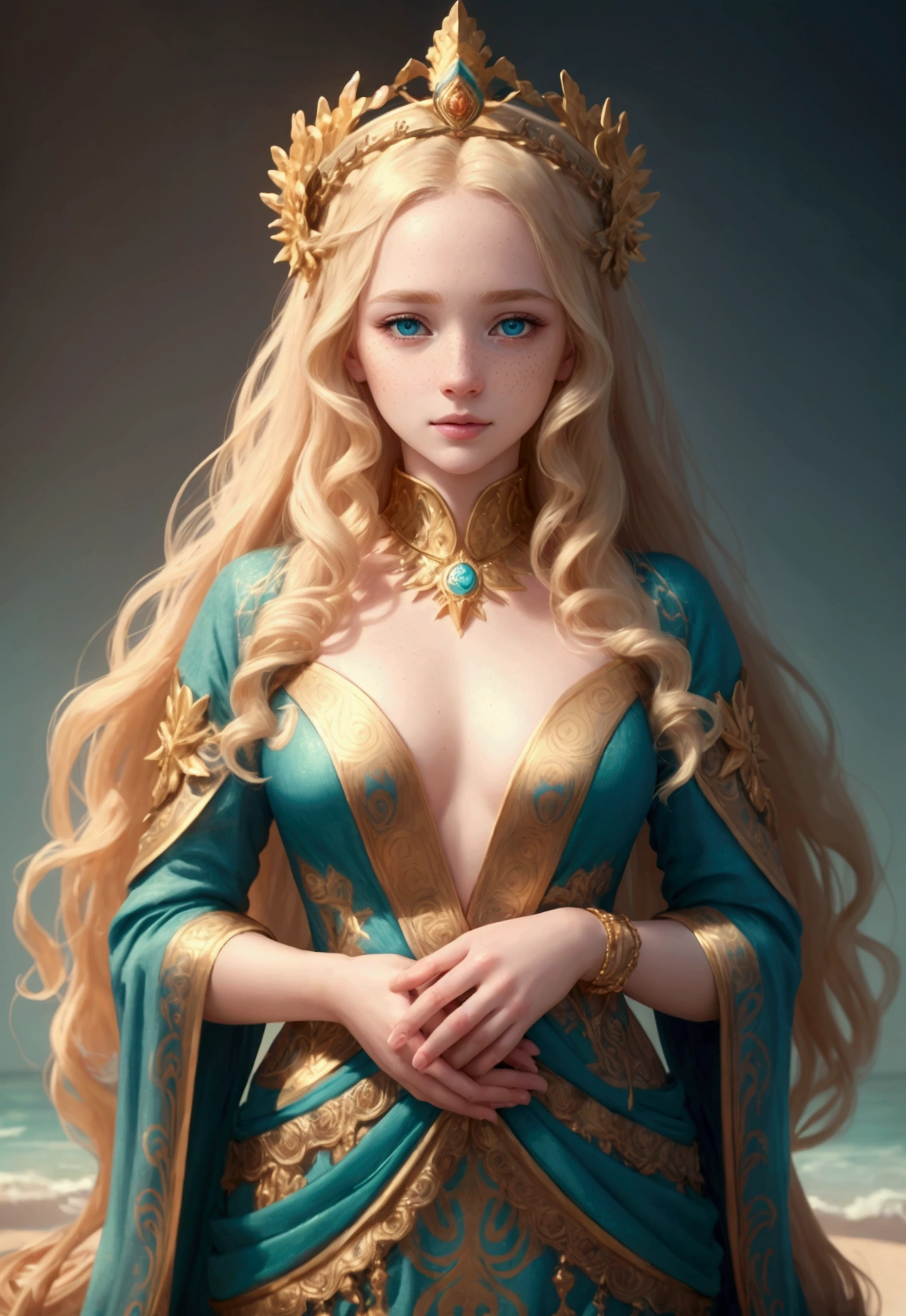 A close-up illustration of a water goddess with an intricate golden crown adorned with coral and wave motifs. The goddess is positioned slightly to the right with her head raised and looking upwards. She has long, wavy blonde hair and pale skin with golden freckles. She wears a serene and regal expression. She is dressed in a turquoise and blue gown with golden corals and orange fishes patterns and ornamental details. Behind her is a golden halo with ancient inscriptions, surrounded by golden stars and other celestial symbols. The dark background features a small light-colored fish and more water elements. The illustration uses a color palette predominantly in turquoise, blue, and gold tones, with fine and luminous details. The focus is on her face and crown, captured from the chest up, while the background elements are slightly blurred to emphasize the main figure. (Masterpiece, Best quality, high resolution:1.4), 1 girl, purity, skin pores texture, Blonde hair..., hd , Photography, Movie, (8K, raw photo, Best quality, Masterpiece:1.2), (realistic, photo-realistic:1.33), Best quality, detailed light blue eyes, cute, natural lighting, Depth of field, Movie grain, wrinkled skin, very pale skin, Sharp, detailed and realistic (freckles:0. 5) dramatic lighting, Photographic realism, ultra detailed, Leica 50mm