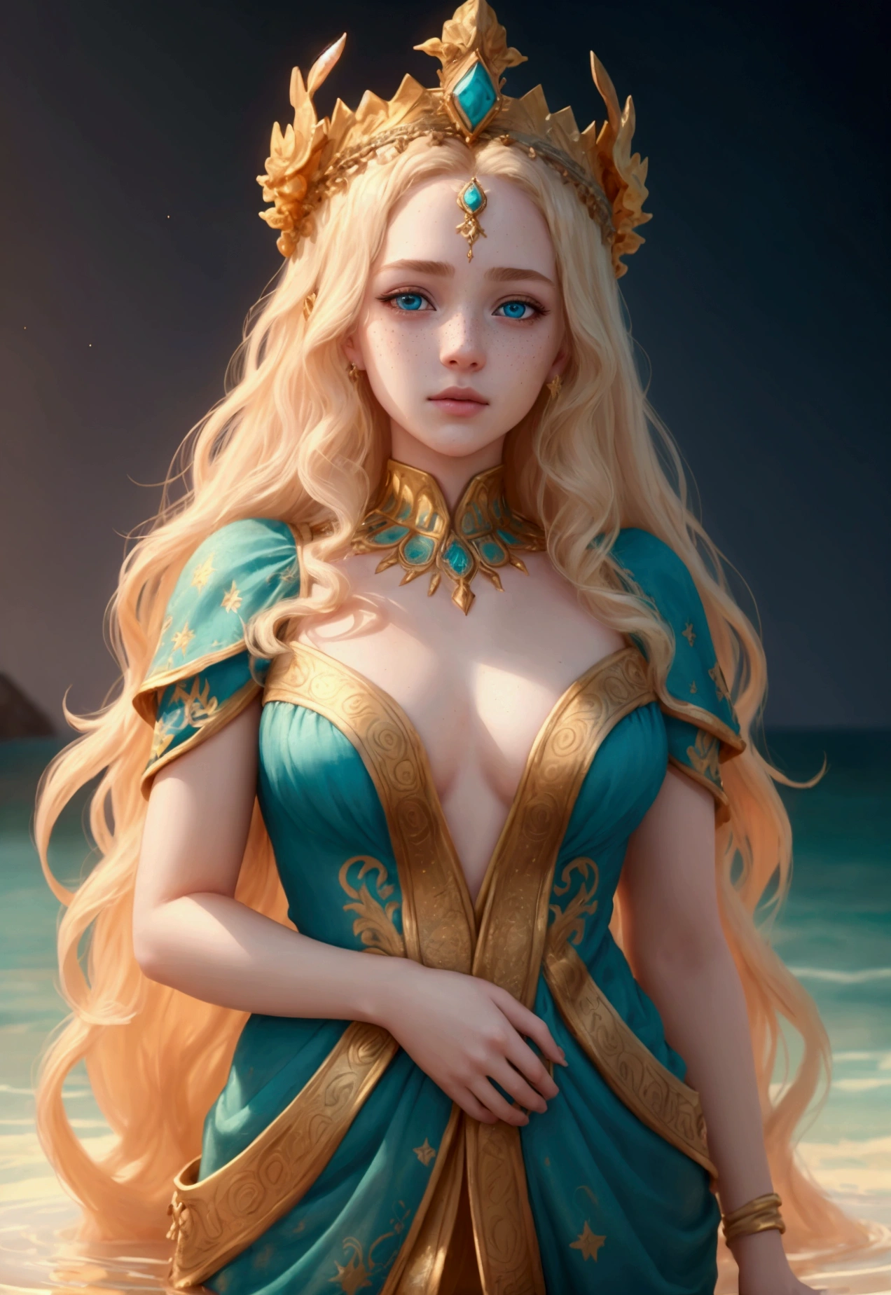 A close-up illustration of a water goddess with an intricate golden crown adorned with coral and wave motifs. The goddess is positioned slightly to the right with her head raised and looking upwards. She has long, wavy blonde hair and pale skin with golden freckles. She wears a serene and regal expression. She is dressed in a turquoise and blue gown with golden corals and orange fishes patterns and ornamental details. Behind her is a golden halo with ancient inscriptions, surrounded by golden stars and other celestial symbols. The dark background features a small light-colored fish and more water elements. The illustration uses a color palette predominantly in turquoise, blue, and gold tones, with fine and luminous details. The focus is on her face and crown, captured from the chest up, while the background elements are slightly blurred to emphasize the main figure. (Masterpiece, Best quality, high resolution:1.4), 1 girl, purity, skin pores texture, Blonde hair..., hd , Photography, Movie, (8K, raw photo, Best quality, Masterpiece:1.2), (realistic, photo-realistic:1.33), Best quality, detailed light blue eyes, cute, natural lighting, Depth of field, Movie grain, wrinkled skin, very pale skin, Sharp, detailed and realistic (freckles:0. 5) dramatic lighting, Photographic realism, ultra detailed, Leica 50mm