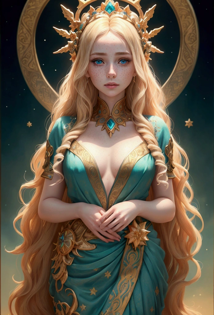 A close-up illustration of a water goddess with an intricate golden crown adorned with coral and wave motifs. The goddess is positioned slightly to the right with her head raised and looking upwards. She has long, wavy blonde hair and pale skin with golden freckles. She wears a serene and regal expression. She is dressed in a turquoise and blue gown with golden corals and orange fishes patterns and ornamental details. Behind her is a golden halo with ancient inscriptions, surrounded by golden stars and other celestial symbols. The dark background features a small light-colored fish and more water elements. The illustration uses a color palette predominantly in turquoise, blue, and gold tones, with fine and luminous details. The focus is on her face and crown, captured from the chest up, while the background elements are slightly blurred to emphasize the main figure. (Masterpiece, Best quality, high resolution:1.4), 1 girl, purity, skin pores texture, Blonde hair..., hd , Photography, Movie, (8K, raw photo, Best quality, Masterpiece:1.2), (realistic, photo-realistic:1.33), Best quality, detailed light blue eyes, cute, natural lighting, Depth of field, Movie grain, wrinkled skin, very pale skin, Sharp, detailed and realistic (freckles:0. 5) dramatic lighting, Photographic realism, ultra detailed, Leica 50mm