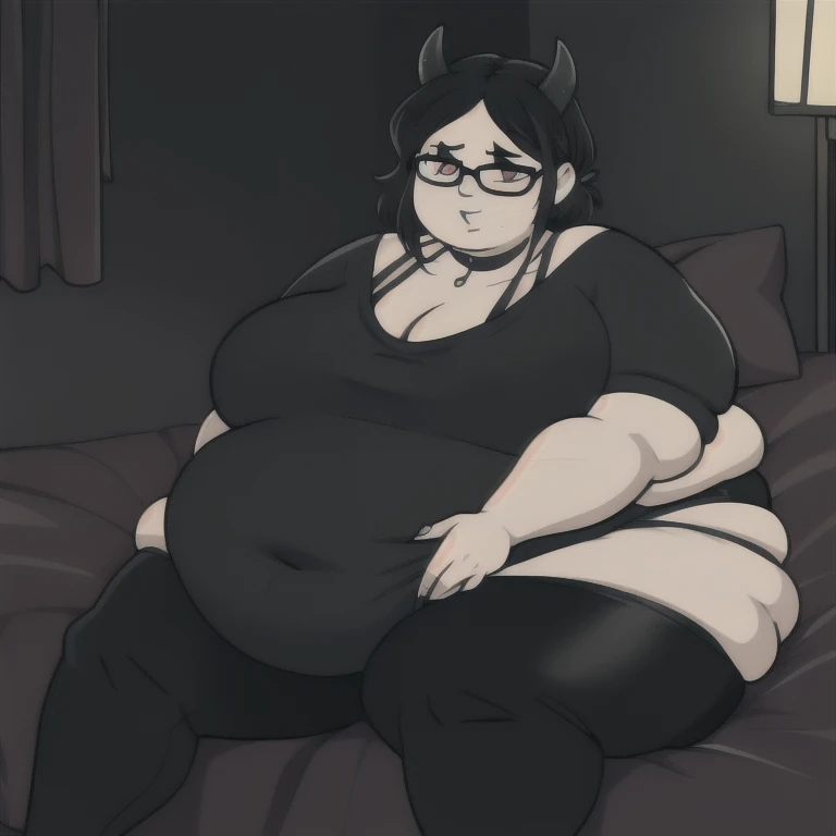 A  goth woman with smooth skin, a tall and curvy figure, highres, white outline, and a hyper massive voluptuous body. She has large thick fat breasts, (gigantic breasts,  1.5), she has thick breasts, an extremely thick giant fat enormous sexy huge humongous gigantic ass, and horns, thick figure. The woman has cute short wild black hair that covers one eye, bright red eyes, and is wearing cute glasses. She has a seductive expression, moaning, lust face. The woman is wearing a large black sweater and gray leggings, wearing a spiked choker, wearing black makeup, and has black horns, larg black demon wings. She is laying seductively on a bed, holding her belly, sweating, moaning, and gaining weight, with a sexy fat body. ((obese, fat, excess fat)), (morbidly obese body:1.5) (fat neck and chin) (obese:1.1). (Very large thighs) (((Colossal thighs, massive thighs,  very large thighs))), (best quality,4k,8k,highres,masterpiece:1.2),ultra-detailed,(realistic,photorealistic,photo-realistic:1.37),HDR,UHD,studio lighting,ultra-fine painting,sharp focus,physically-based rendering,extreme detail description,professional,vivid colors,bokeh,portraits,horror,goth, fantasy