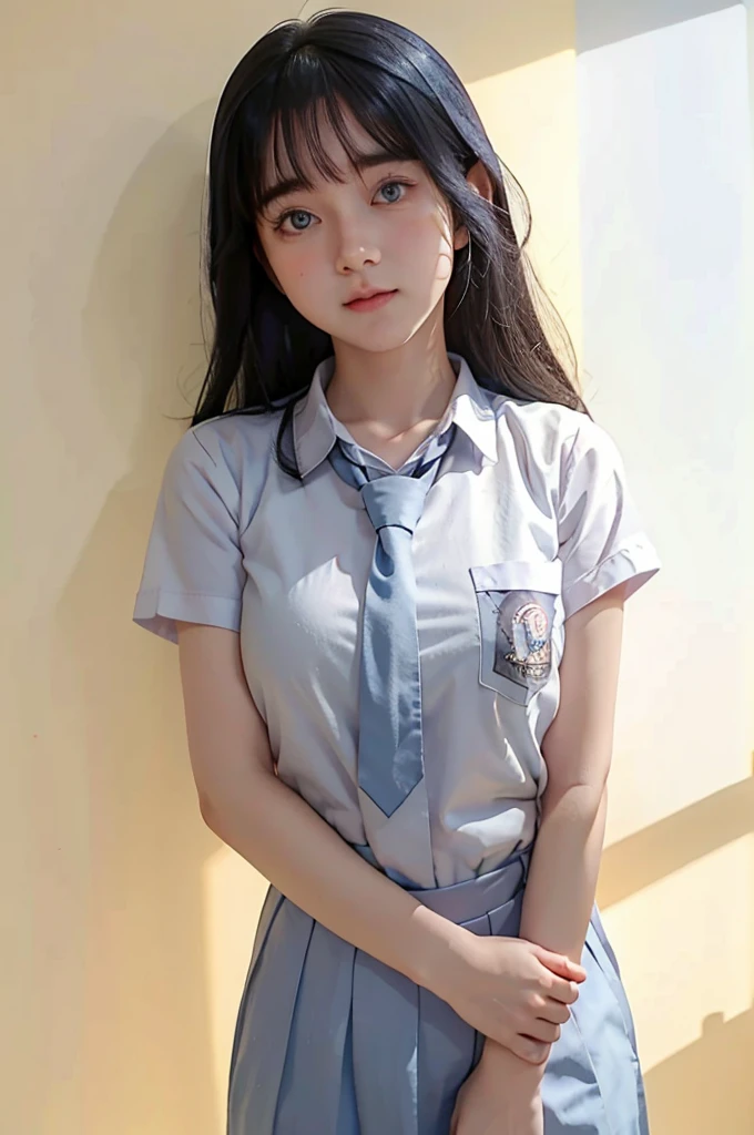 (pp clothes), (realistic), your character Lora,( Uzumaki Himawari ), from cinematic in photo Realistic , wearing a white Indonesian high school shirt, with a short gray skirt, wearing an Indonesian school tie, portrait of a cute school girl model, half body portrait, starting in the school classroom, explain the details , beautiful face, hair color according to character , shining white face, colored pupils , teenager, body standing straight, pose in class situation, looking at the audience, RAW, Best quality, high resolution, work: 1.3), Young girl , realistically rendered, beautiful, posing facing the audience's camera, showing perfect facial details, friendly expression with a faint smile, in class, ((Baju SMP Indonesia)), clear short photo, high resolution, 4k, HDR, DSLR, 1girl, photorealistic, realistic, breasts large, ((half body)) facing the viewer, close ups, classrooms, anime characters, to real life, turning anime images into realistic photos. Get high-quality photorealistic results from a truly detailed perspective. Perfect portrait, realistic, high quality, super detailed view, HDR, 8k