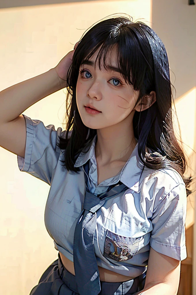 (pp clothes), (realistic), your character Lora,( Uzumaki Himawari ), from  cinematic in photo Realistic , wearing a white Indonesian high school shirt, with a short gray skirt, wearing an Indonesian school tie, portrait of a cute school girl model, half body portrait, starting in the school classroom, explain the details , beautiful face, hair color according to character , shining white face, colored pupils , teenager, body standing straight, pose in class situation, looking at the audience, RAW, Best quality, high resolution, work: 1.3), Young girl , realistically rendered, beautiful, posing facing the audience's camera, showing perfect facial details, friendly expression with a faint smile, in class, ((Baju SMP Indonesia)), clear short photo, high resolution, 4k, HDR, DSLR, 1girl, photorealistic, realistic, breasts large, ((half body)) facing the viewer, close ups, classrooms, anime characters, to real life, turning anime images into realistic photos. Get high-quality photorealistic results from a truly detailed perspective. Perfect portrait, realistic, high quality, super detailed view, HDR, 8k