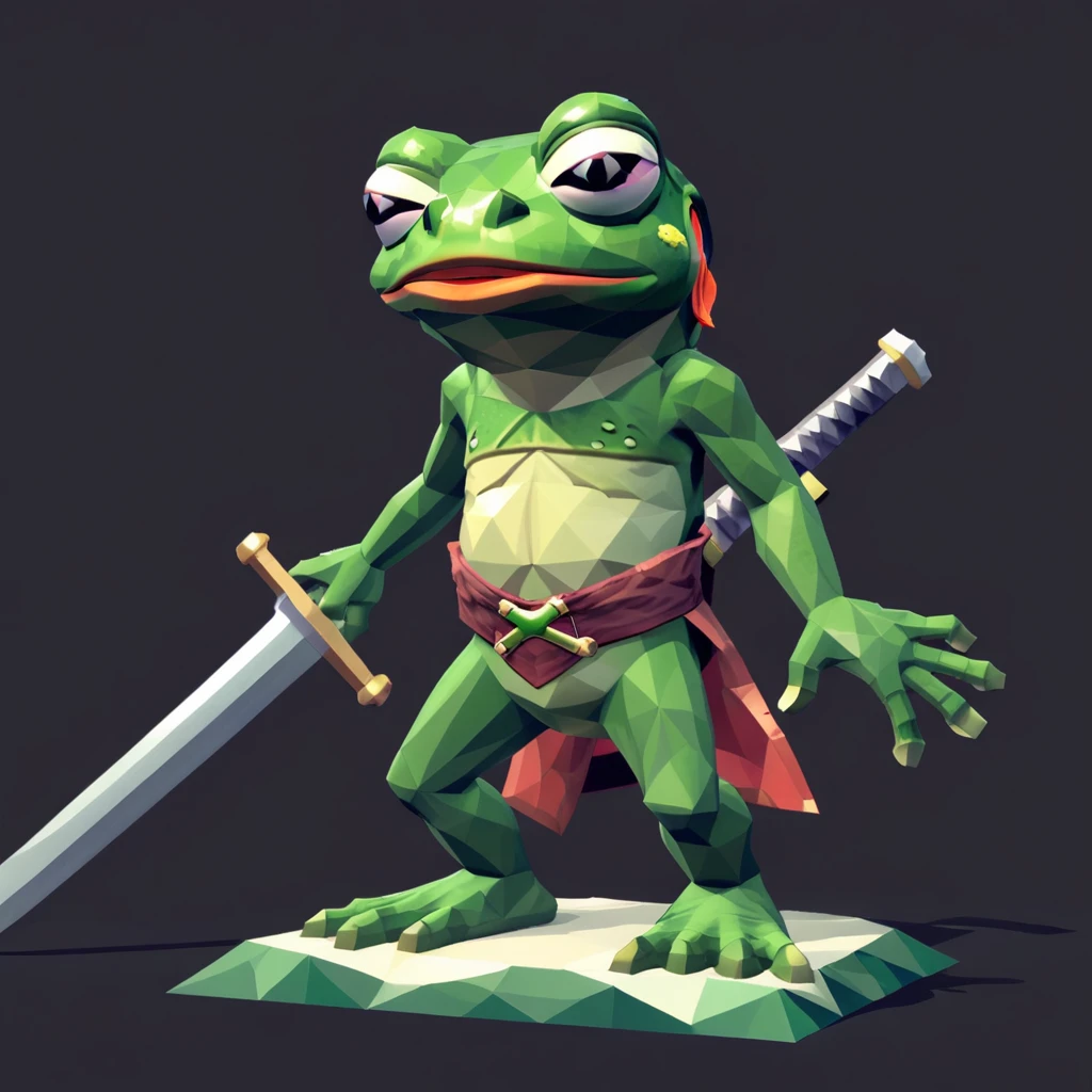 pepe the frog, holding a medium sword, in the style of a PlayStation 1 graphics, low poly