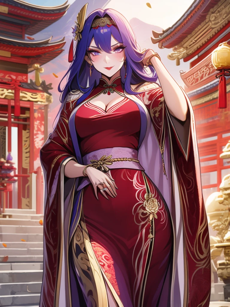 score_9, score_8_up, score_7_up, score_6_up, score_5_up, score_4_up, Raiden shogun, purple eyes, purple long hair, tied hair, hair in a bun, hairpin, traditional Chinese red wedding hanfu dress, Yourqipao Red Embroidery Chinese Xiuhe Hanfu Women's Satin Cheongsam Ancient Traditional Chinese Bride, Wedding Dress, Long Dresses, Long Earrings, Red Lipstick, Detailed Eyes, Traditional Wear, Sexy Attractive, Hot, Traditional, Smiling Wide, Happy, Blush, Gold Jewelry, Gold Earrings, Gold Headpiece and Ring, Gold Necklace, Gold Trimmed hanfu, beautiful bride.
