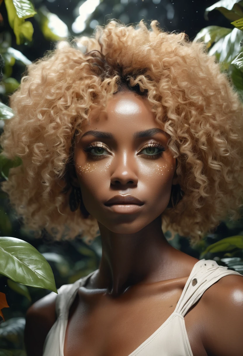1 woman, decoration with many plants in the background, wearing an elegant beige outfit, feminine green eyes, black skin detailed with vitiligo, short curly orange-blonde hair, afro descent, black skin with white spots, dramatic lighting, cinematic composition, cold palette, night environment, dark colors, atmospheric fog, thin chin, muscular athletic body, muscular woman (best quality, 4K, 8K, high resolution, art: 1.2), ultra-detailed, (realistic, photorealistic, photorealistic: 1.37)