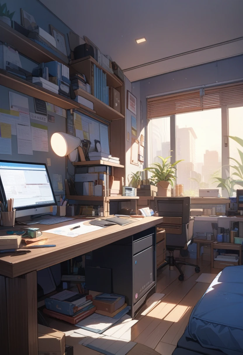 ((background only)),masterpiece, best quality, extremely detailed, ultra detailed, flat anime, 2D, work desk, summer, 12AM, livingroom,