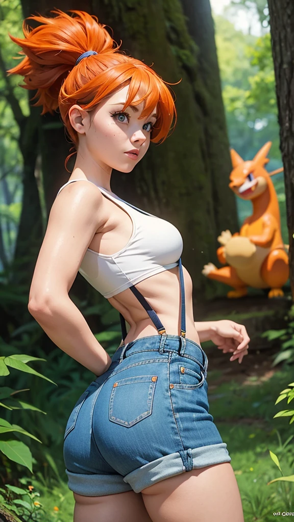 Misty de Pokémon, sexy girl, small, half naked, classic costume, dressed whit blue denim mini short whit suspenders and yellow top, YOUNG, skynny body, small and beautiful buttocks, toned abdomen, small and beautiful breasts, tiene una Pokebola en su mano, pose sexy y obscena, tierna, obscene, sensual, ella esta en el bosque, el cielo esta resplandeciente e ilumina su belleza, Charizard in the background, sensual look, beautiful eyes, classic hairstyle, peinads con una coleta,Hair dyed in bright Orange color, best quality,4k,8k,A high resolution,masterpiece,ultra detailed,Realistic, Photorealistic,photo realistic