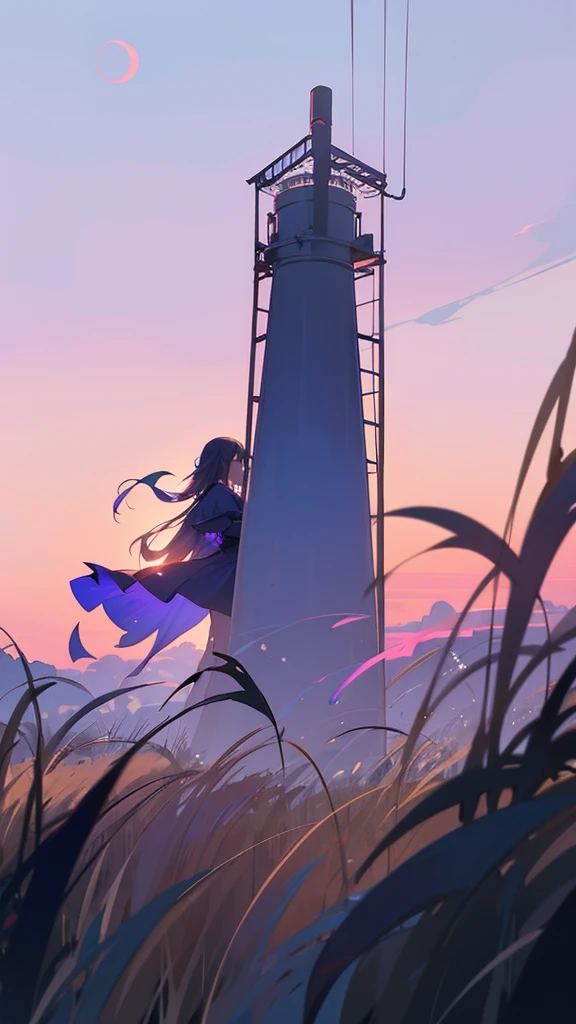 Create an image of a serene evening scene where two silhouetted figures are standing in a field. The sky is a gradient of colors from deep blue to purple and pink, indicating dusk. There's a crescent moon visible in the sky, and power lines are stretching into the distance. The figures appear contemplative as they gaze at the sky, capturing a moment of peacefulness amidst nature's beauty.
