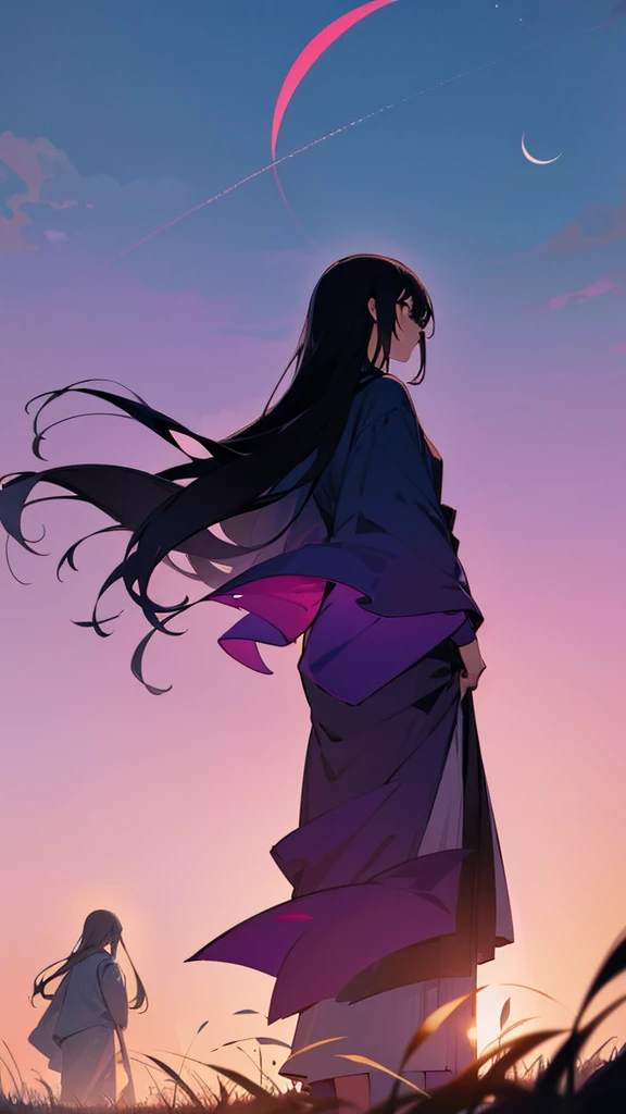 Create an image of a serene evening scene where two silhouetted figures are standing in a field. The sky is a gradient of colors from deep blue to purple and pink, indicating dusk. There's a crescent moon visible in the sky, and power lines are stretching into the distance. The figures appear contemplative as they gaze at the sky, capturing a moment of peacefulness amidst nature's beauty.
