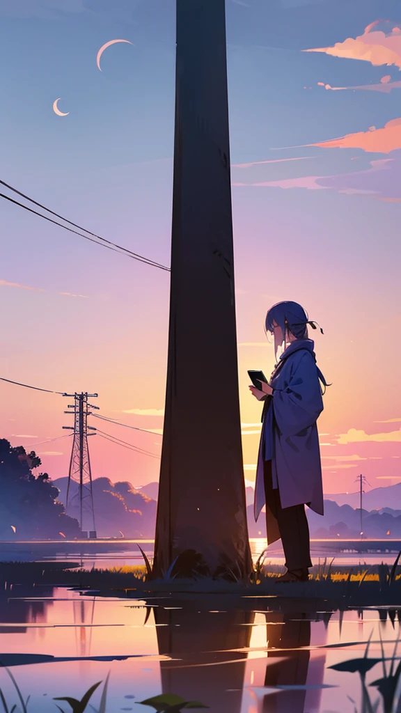 Create an image of a serene evening scene where two silhouetted figures are standing in a field. The sky is a gradient of colors from deep blue to purple and pink, indicating dusk. There's a crescent moon visible in the sky, and power lines are stretching into the distance. The figures appear contemplative as they gaze at the sky, capturing a moment of peacefulness amidst nature's beauty.