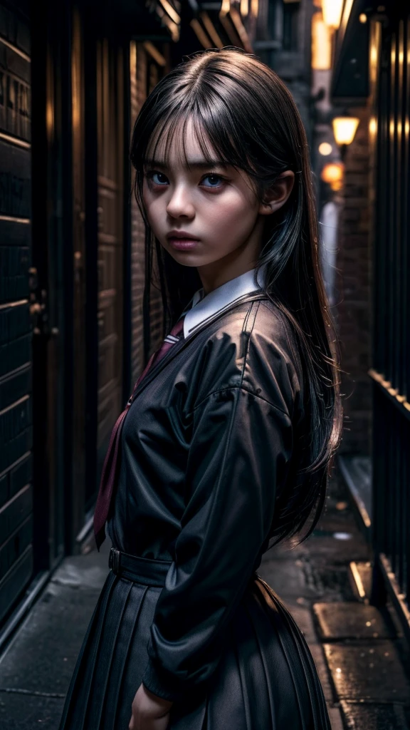 a beautiful detailed girl, beautiful detailed eyes, beautiful detailed lips, extremely detailed face, longeyelashes, school uniform, scared expression, surrounded by delinquents, dark alley, moody lighting, cinematic, dramatic, high contrast, cold colors, gritty, photorealistic, (best quality,4k,8k,highres,masterpiece:1.2),ultra-detailed,(realistic,photorealistic,photo-realistic:1.37)