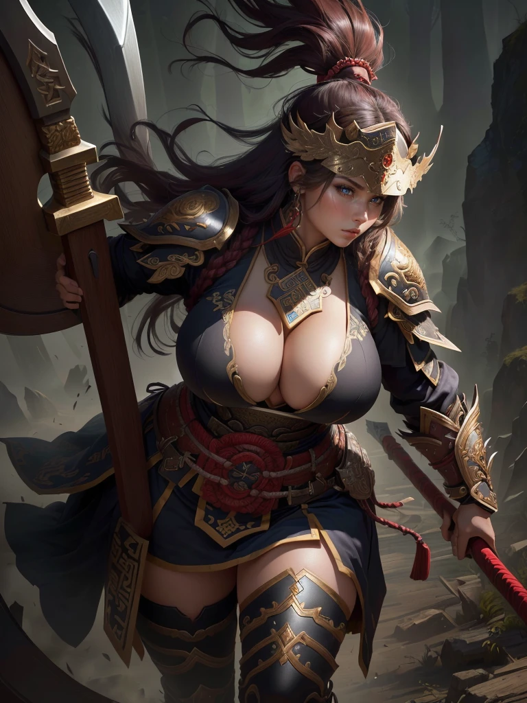 a woman with a large axe and a feathered head, inspired by Hu Zaobin, berserker potrait, guan yu, bian lian, sun wukong, mongol, inspired by Huang Shen, inspired by Li Gonglin, tai warlord, inspired by Wu Bin, wukong, inspired by Li Kan, naranbaatar ganbold, Highly detailed CG unit 8k wallpaper, masterpiece, High resolution, highest quality, highest quality real texture skin, Super Real, Digital Painting, Best image quality, 最High resolution, 8k, ((Highly detailed eyes and face, Beautiful eyes every detail)), 1girl, Full Body Shot, Saggy breasts, Gravity-dependent breasts, long chest, Heavy chest, disproportionate breasts, huge breasts, sagging breasts, gigantic breasts, (erect nipple), Cleavage cut out,