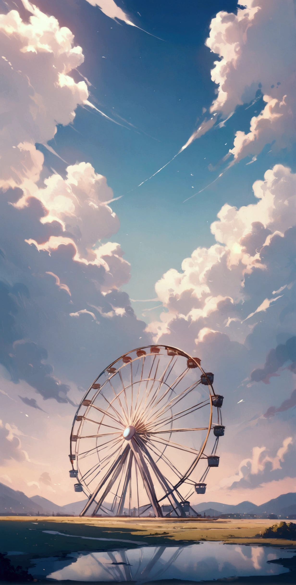 A ferris wheel, far away, beautiful sky, ethereal, magical, inspiring, no people, 